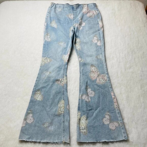No Boundaries Denim - No Boundaries Womens Blue Butterfly Print High Rise Pull-On Flare Jeans Size L